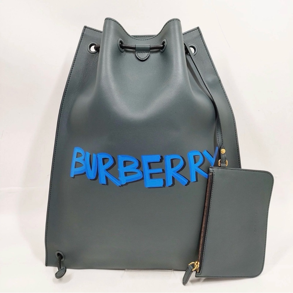Burberry Backpack Green Leather with Blue Logo Classic Nova Check inside